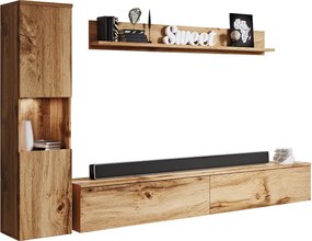 Nowoczesna meblościanka 3-elem. do salonu, dąb wotan mat, słupek i szafka RTV 180 cm