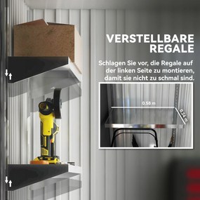 Outsunny Szopa ogrodowa, zewnętrzna szopa z blachy falistej, design ściany, regulowane półki, zamykane drzwi, szary