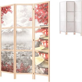 Parawan pokojowy 3-częściowy 135x172 drewniany japoński Jednostronny dekoracyjny japandi vintage Szary Fuji I Pagoda