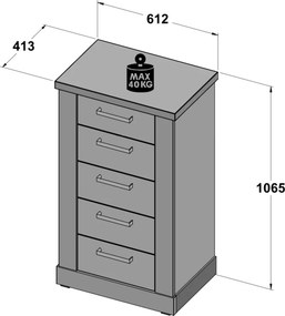 Wąska komoda z 5 szufladami Duro 411-T75, pinia biała / dąb antyczny