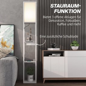 HOMCOM Lampa stojąca z 3-poziomowym regałem, przełącznik nożny, porty USB, MDF, Biała | Aosom PL