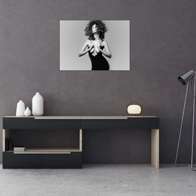 Obraz na szkle kobiety w czarnej sukience (70x50 cm)