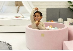 Okrągły suchy basen z piłeczkami 7cm dla dziecka, 90x40cm/300 piłek, bawełniany, jasnoszary, piłki: biała perła, srebrne, transparentne - meowbaby®