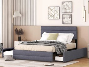 Łóżko dwuosobowe 140x200cm z tkaniny lnianej - z łóżkiem wysuwanym 90x190cm i 2 szufladami - regulowane wezgłowie - Szare