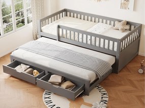 Sofa z łóżkiem z litego drewna 90×200 cm - z łóżkiem wysuwanym - 2 szuflady - z ogrodzeniem zabezpieczającym - szare (materac nie jest zawarty)