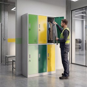 Szafka socjalna ubraniowa BHP 6-drzwiowa szaro-zielono-żółta, 900x1850x450 mm: IGOR