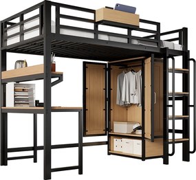 Łóżko na antresoli 90x200 cm - z biurkiem i półką przechowawczą - szafa ubraniowa z 2 drzwiami - z drabiną - Metal + MDF - Czarny + Naturalny