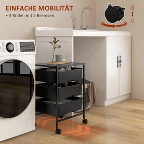HOMCOM Boczny wózek na kółkach z 3 koszami do przenoszenia i przechowywania, wózek kuchenny, 40,8 dł. x 33,5 szer. x 60,5 wys. cm, Czarny