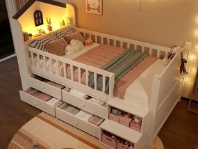 Łóżko piętrowe dla dzieci 90×200 cm - 4 szuflady - Taśma LED - Ze schodami ze schowkiem - Białe (materac nie jest zawarty)