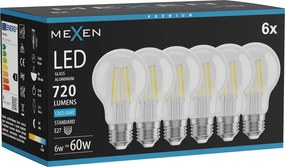 Mexen Vintis 6x żarówka filament LED E27, A60, 6W, Zimna - 6500K, 720 lm, clear - L150-E27-0665-00x06
