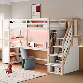 Łóżko piętrowe dla dzieci drewniane - 90 x 200 cm - z szafą + biurkiem + szafką + półką + drabinką + diodami LED - kolor biały + naturalny