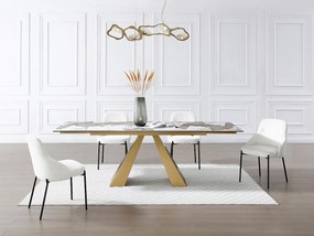 Stół do jadalni rozkładany dla 6 do 10 osób ze szkła hartowanego, ceramiki i złotego metalu - Efekt białego marmuru i taupe - LOZIPA marki Maison Céphy