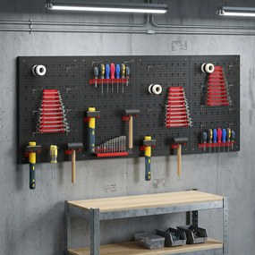 HOMCOM System przechowywania na ścianę 60 x 40 cm, zestaw 38 elementów z hakami i półkami, czarno-czerwony | Aosom PL
