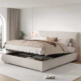 Łóżko dwuosobowe z pojemnikiem - 180 x 200 cm - z hydraulicznym schowkiem + tapicerowany zagłówek - welur - krem