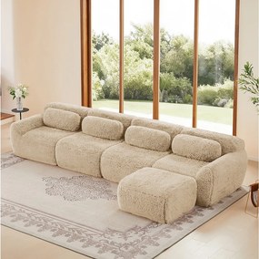 Modułowa Sofa Narożna w tkaninie pluszowej, z pufą i 4 poduszkami, bez stelaża, 378x179x73cm, Khaki