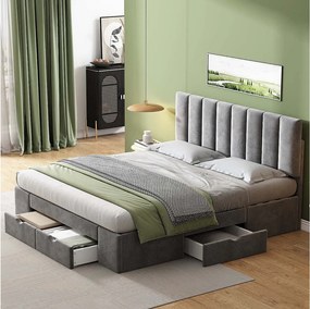 Łóżko dwuosobowe tapicerowane welurem 160x200cm z 4 szufladami + regulowane wezgłowie + stelaż na listwy - Szare