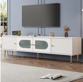 Szafka RTV z 2 drzwiami w paski i 2 drzwiami szklanymi - 170 x 35 x 50 cm - Płyta wiórowa - Biała