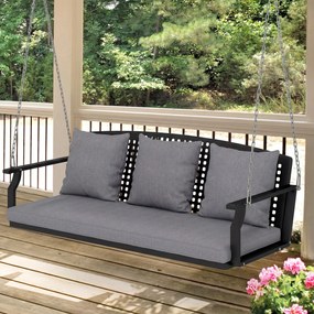 Outsunny 3-osobowa huśtawka na werandę, huśtawka ogrodowa z 3 poduszkami na oparcie, poduszką na siedzenie i zestawem do zawieszenia, szara | Aosom PL