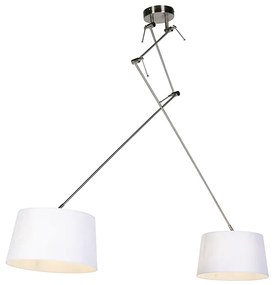 Stalowa lampa wisząca z białymi abażurami z lnu 35 cm 2-światłowa - BlitzWiejski/ Rustykalny / Vintage Oswietlenie wewnetrzne