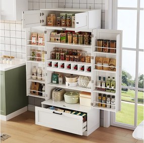 Kredens kuchenny z regulowanymi półkami + szuflada + 4 drzwi + stojak na wino - 80 x 40 x 180 cm - MDF - biały