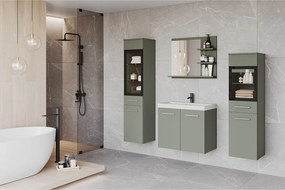 Komplet łazienkowy z LED, wiszące meble z umywalką, 2 słupki i lustro z półkami, mglista zieleń