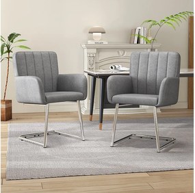 Zestaw 2 krzeseł do jadalni, szara sztuczna skóra, krzesło z oparciem i podłokietnikami, srebrne metalowe nogi