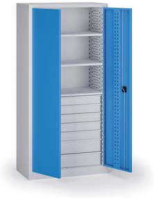 Szafa warsztatowa, 3 półki + 7 szuflad, 1950 × 950 × 500 mm, niebieskie drzwi