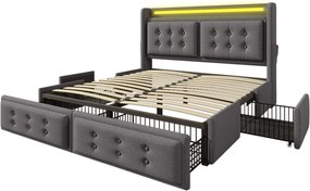 Łóżko dla dorosłych 180x200 cm Łóżko podwójne z oświetleniem LED i USB, 4 szuflady - szary bawełna (bez materaca)