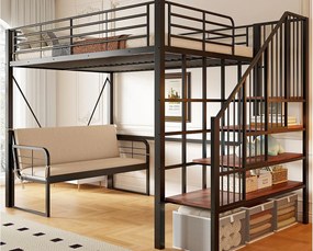 Łóżko na antresoli 140 x 200 cm - Konstrukcja metalowa - Z kanapą - Z drabiną - Czarny​ (materac nie jest wliczony w cenę)