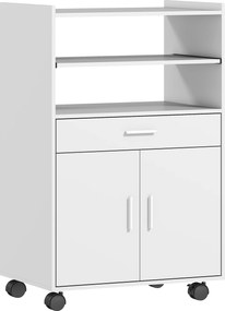 HOMCOM Szafka na mikrofalówkę, półka, szafa z podwójnymi drzwiami, szuflada, kółka, biały