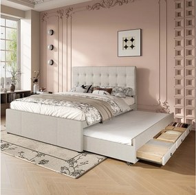 Łóżko wysuwane z 3 szufladami - 140 x 200 cm + 90 x 190 cm - z regulowanym zagłówkiem - len - beż