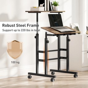 HOMCOM Biurko regulowane wysokości z półką, kółkami, biurko komputerowe Rustykalny-Brąz 60 x 60 x 70,5-120 cm