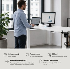 Biurko elektryczne z regulacją wysokości ergonomiczne białe,1600x800 mm: ARIA