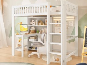 Łóżko na antresoli 90x200 cm - liczne schowki - z drabiną + biurkiem - z 3 szufladami - biały (materac nie jest dołączony)