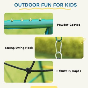 AIYAPLAY 5 w 1 huśtawka z regulowaną huśtawką typu gniazdo, kółkami gimnastycznymi, dwusiedziskiem, ścianką wspinaczkową, dla dzieci 3-8 lat, 440x175x203 cm | Aosom PL