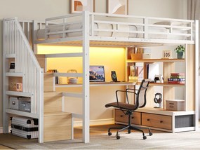 Łóżko na antresoli metalowe 140x200cm z LED - z biurkiem i półkami - 2 szuflady i drabina z pojemnikami - Biały​ (bez materaca)