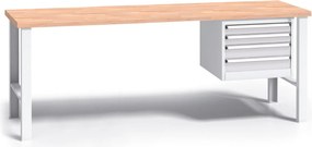 Profesjonalny stół warsztatowy G3 z drewnianym blatem roboczym, 2000 mm, 1x 4 szufladowy kontener, szary