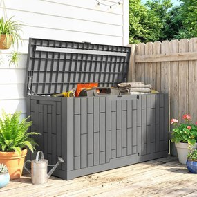 Outsunny Skrzynia Ogrodowa 379L Wodoodporna Zamykana UV Ochronna z Imitacją Drewna do Ogrodu 122,5x56x62cm Szara | Aosom PL