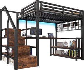 Łóżko piętrowe dla dzieci - 140 x 200 cm - rama żeliwna - z półką + diody LED + biurko + schody do przechowywania + USB - metalowe - czarne