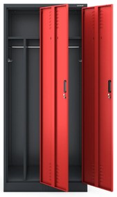 Szafka ubraniowa BHP antracytowo-czerwona: czterokomorowa KACPER, 800 x 1800 x 500 mm