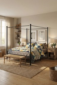 Czarne industrialne łóżko małżeńskie z baldachimem 160x200 cm K7-M00