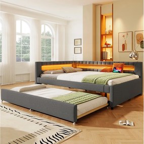 Łóżko tapicerowane wysuwane - 140 x 200 cm + 90 x 190 cm - z diodami LED + USB + Typ C - materac nie jest wliczony w cenę - pościel + płyta MDF - szare
