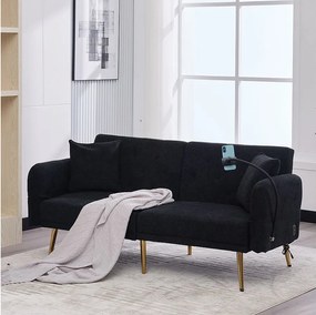 Sofa 2-osobowa z portami USB - Prosta sofa z uchwytem na telefon i kieszeniami bocznymi - Regulowane oparcie - Czarny aksamit