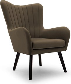 Fotel TED z tkaniny Velluto, wysoka oparcie, szerokie siedzisko, czarne nogi, pionowe przeszycia, 76x78x100 cm, ciemnozielony