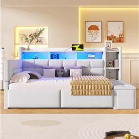 Sofa rozkładana 90x190 cm, łóżko dziecięce z portem USB i LED, 2 szuflady i półki - beżowy aksamit (bez materaca)