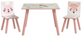 ZONEKIZ Zestaw siedzeń z drewna sosnowego, stolik z 2 krzesełkami, motyw zwierząt, pokój dziecięcy, 3-8 lat, Różowy