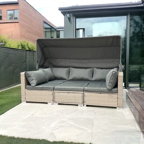 Wielofunkcyjny zestaw mebli ogrodowych - narożnik, leżanka z daszkiem Galicja 101 beż, poduszki szare