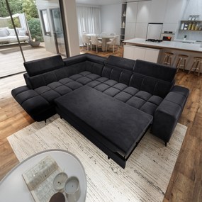 Masseno Narożnik MORIVA z funkcją spania i pojemnikiem na pościel Narozniki L, Rozkładana sofa - Czarny, MONOLITH 95