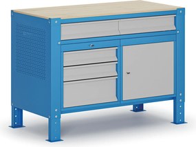 Stół warsztatowy G9, 1 szafka, 5 szuflad, z regulacją wysokości, 1180 x 595 x 715-975 mm, szary/niebieski