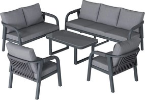 Salon Ogrodowy 7 Osób - Zestaw 5-częściowy z Kanapą 3-osobową, 2-osobową, 2 Fotelami i Stolikiem Kawowym - Pleciony Sznur - Stal Ocynkowana - Antracytowy Szary